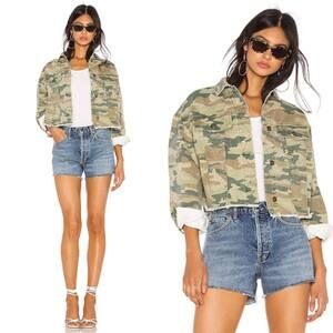 Free People Camo Print Cut-Off Cropped Oversized Denim Jacket $108 Size XS